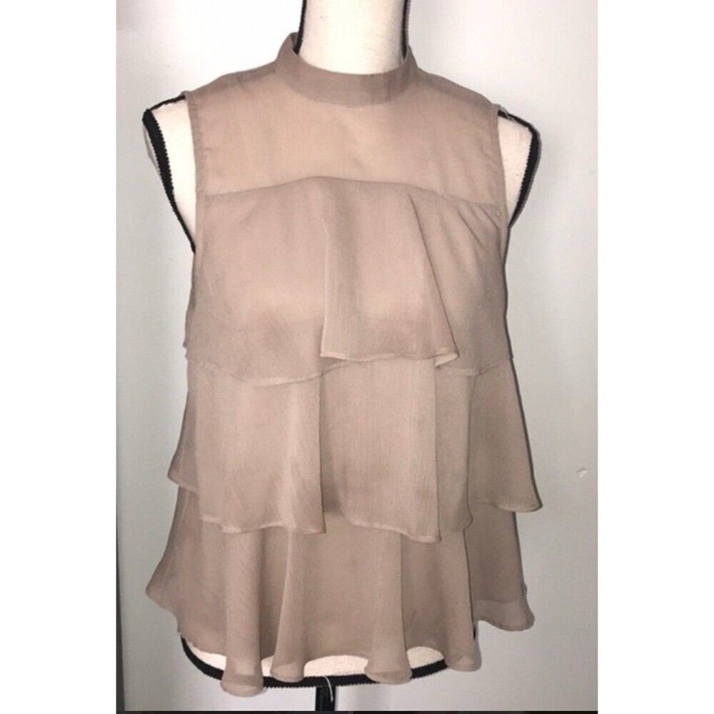 Apt. 9 Tan Sleeveless Tiered Ruffle Chiffon Top with High Neckline Women’s